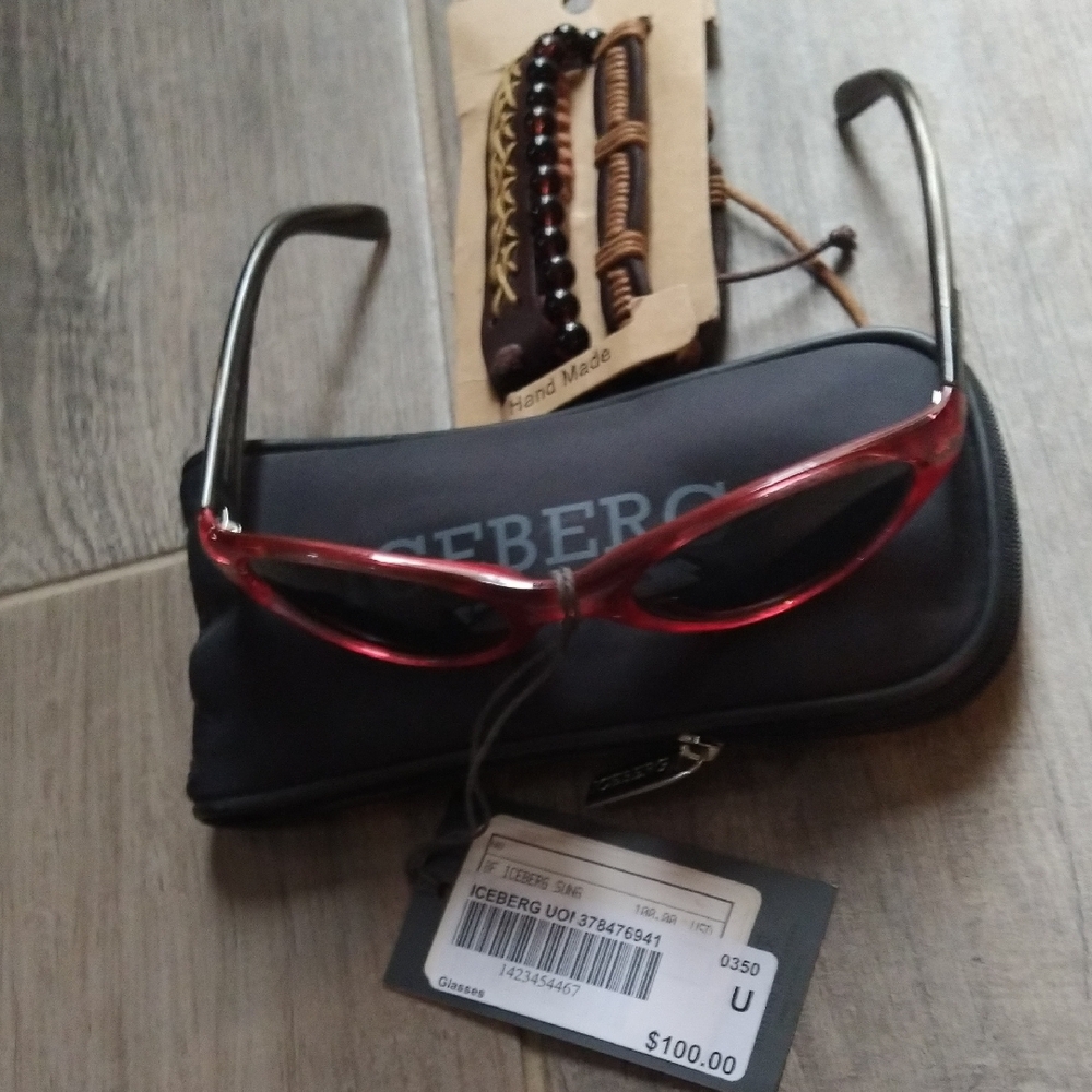 Vintage But New Iceberg Red Cat-Eye Sunglasses with Case Plus Punk Bracelet Set